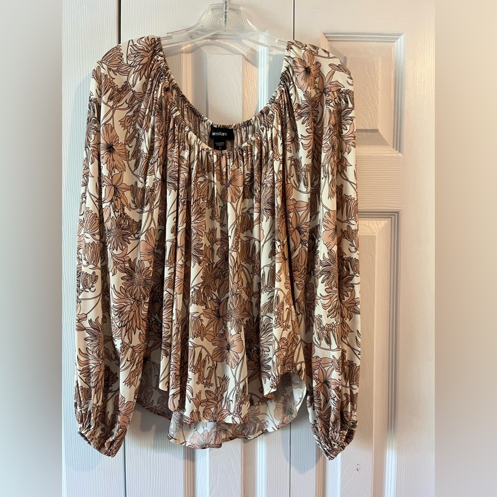 Karen Kane Cream and Brown Smocked Blouse